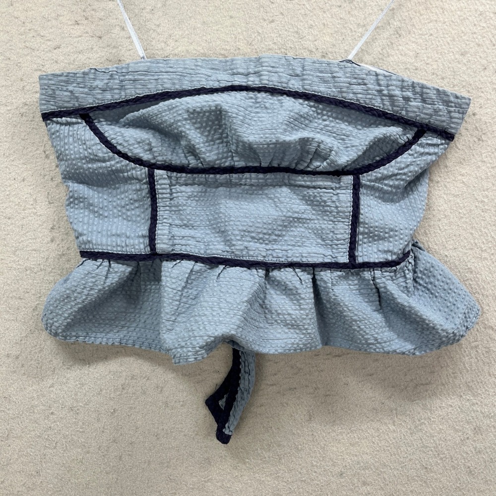 Free People Tube Top Women Medium Blue Seersucker Peplum Back Tie Strapless Boho